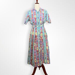 Vintage 90s Button Down Collared Maxi Shirt Dress, 4, Colorful Geometric Ikat